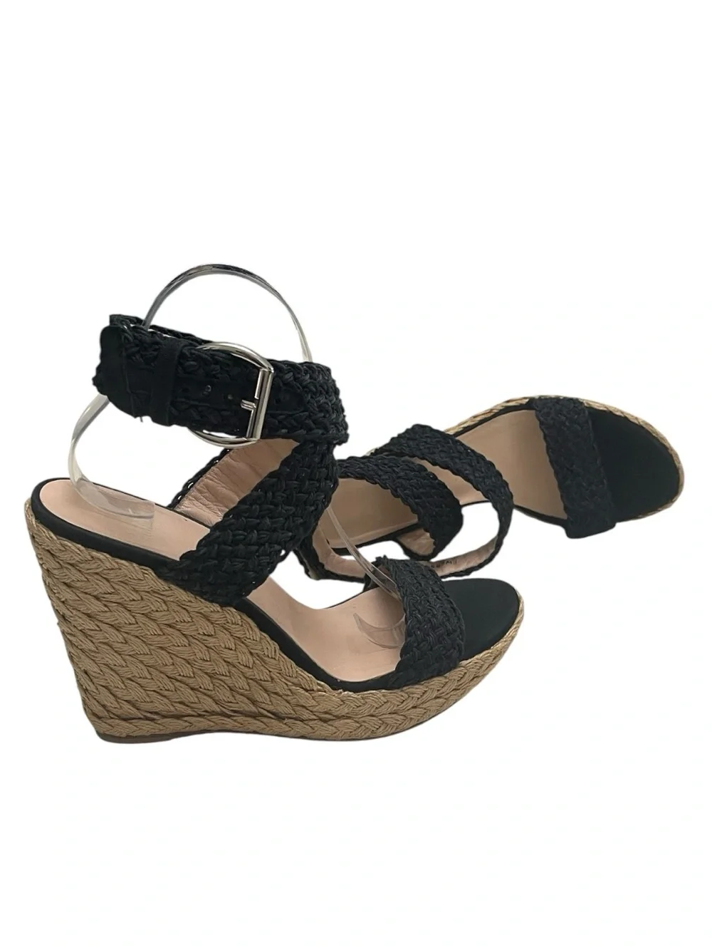 Stuart Weitzman Aspire Black Braided Espadrille Wedge Sandals 9.5M